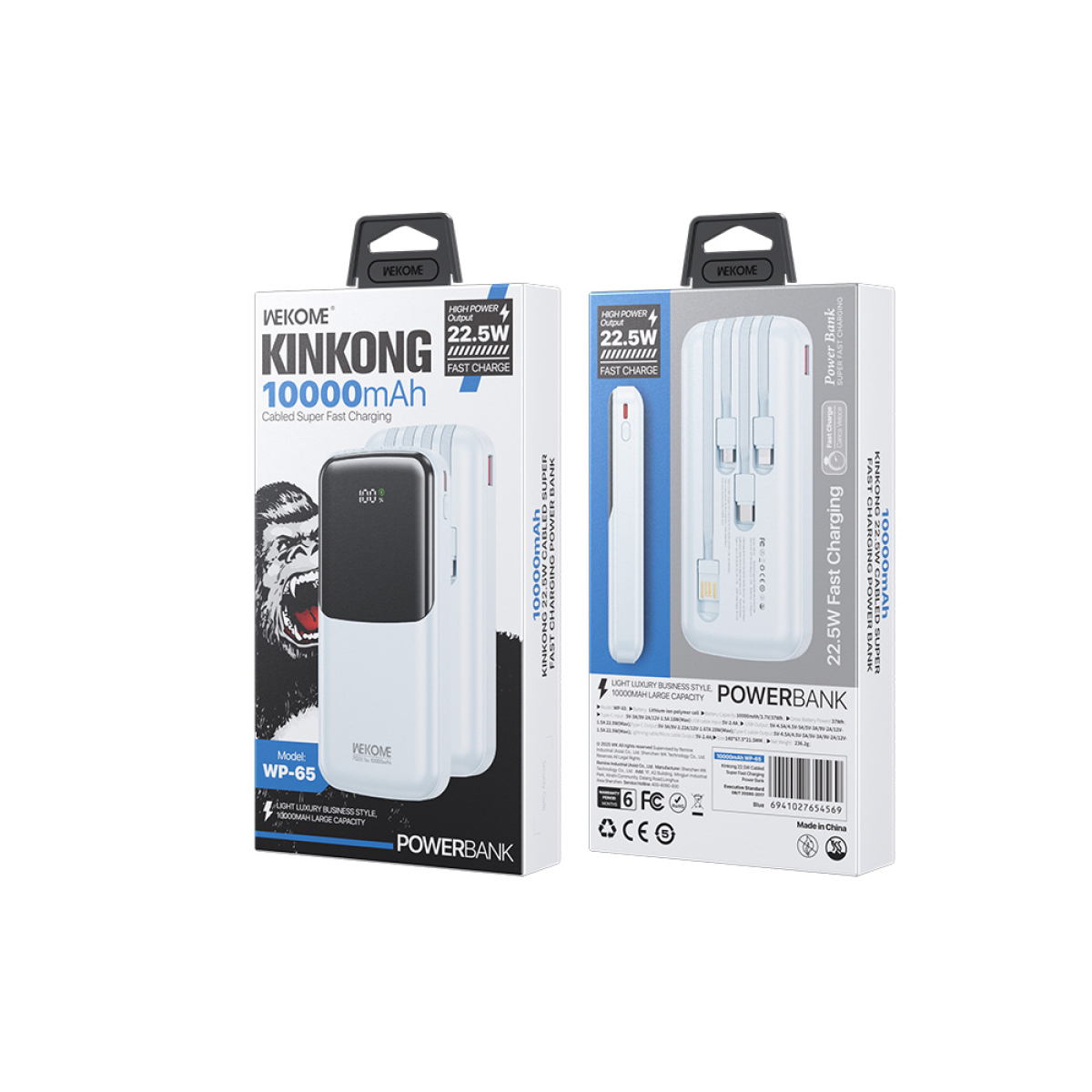 Power Bank 10000mAh PD 22,5W WK WP-65 2 Θέσεων, με καλώδιο USB-C/Lightning/Micro/USB Μπλέ - Image 2