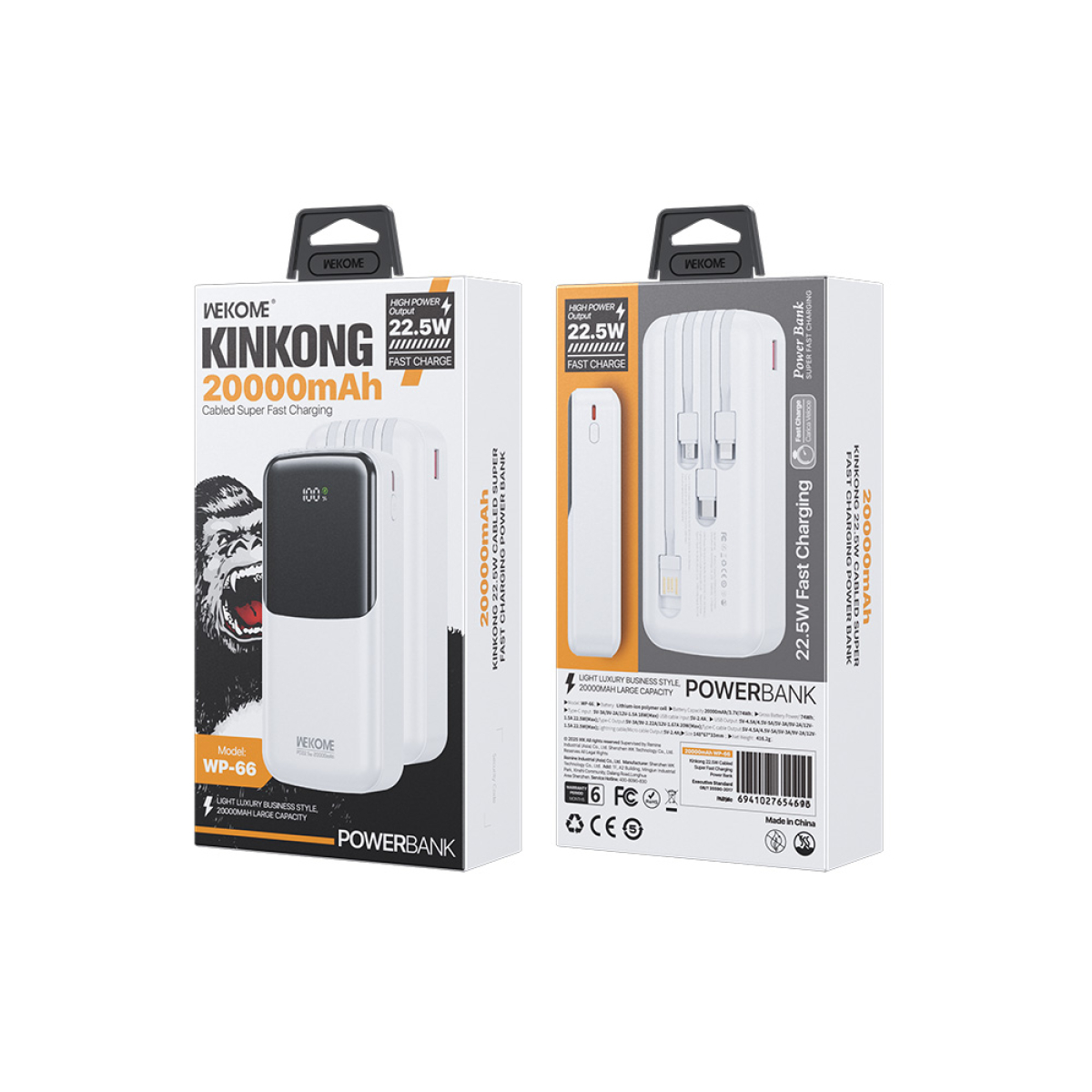 Power Bank 20000mAh PD 22,5W WK WP-66 2 Θέσεων, με καλώδιο USB-C/Lightning/Micro/USB Λευκό - Image 2