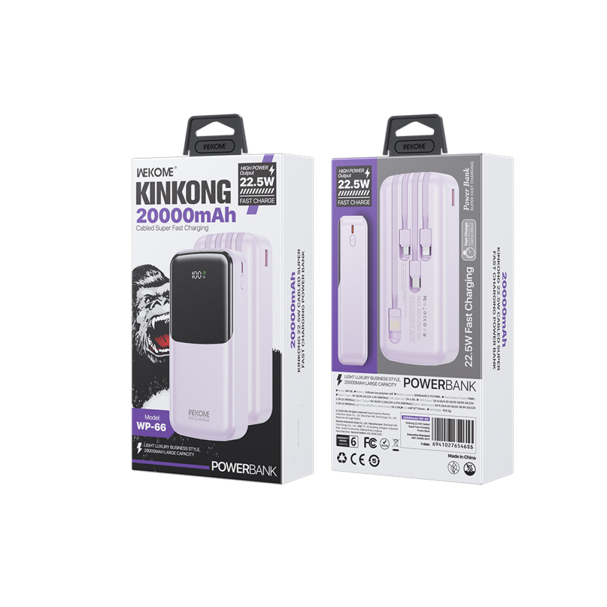 Power Bank 20000mAh PD 22,5W WK WP-66 2 Θέσεων, με καλώδιο USB-C/Lightning/Micro/USB Μωβ - Image 3