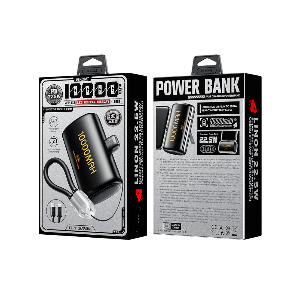 Power Bank 10000mAh PD 22,5W WK WP-113 2 Θέσεων, με καλώδιο USB-C/Lightning Μαύρο - Image 3