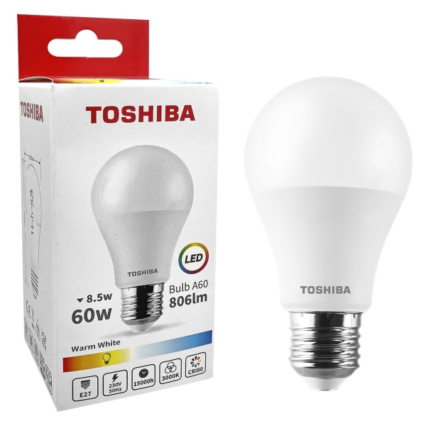 Λάμπα LED Toshiba για Ντουί e27 Θερμό Λευκό 230v n_ std a60 8,5w 3000k, Γωνία Δέσμης 180 Μοίρες  Toshiba 00168800 - 1 τμχ