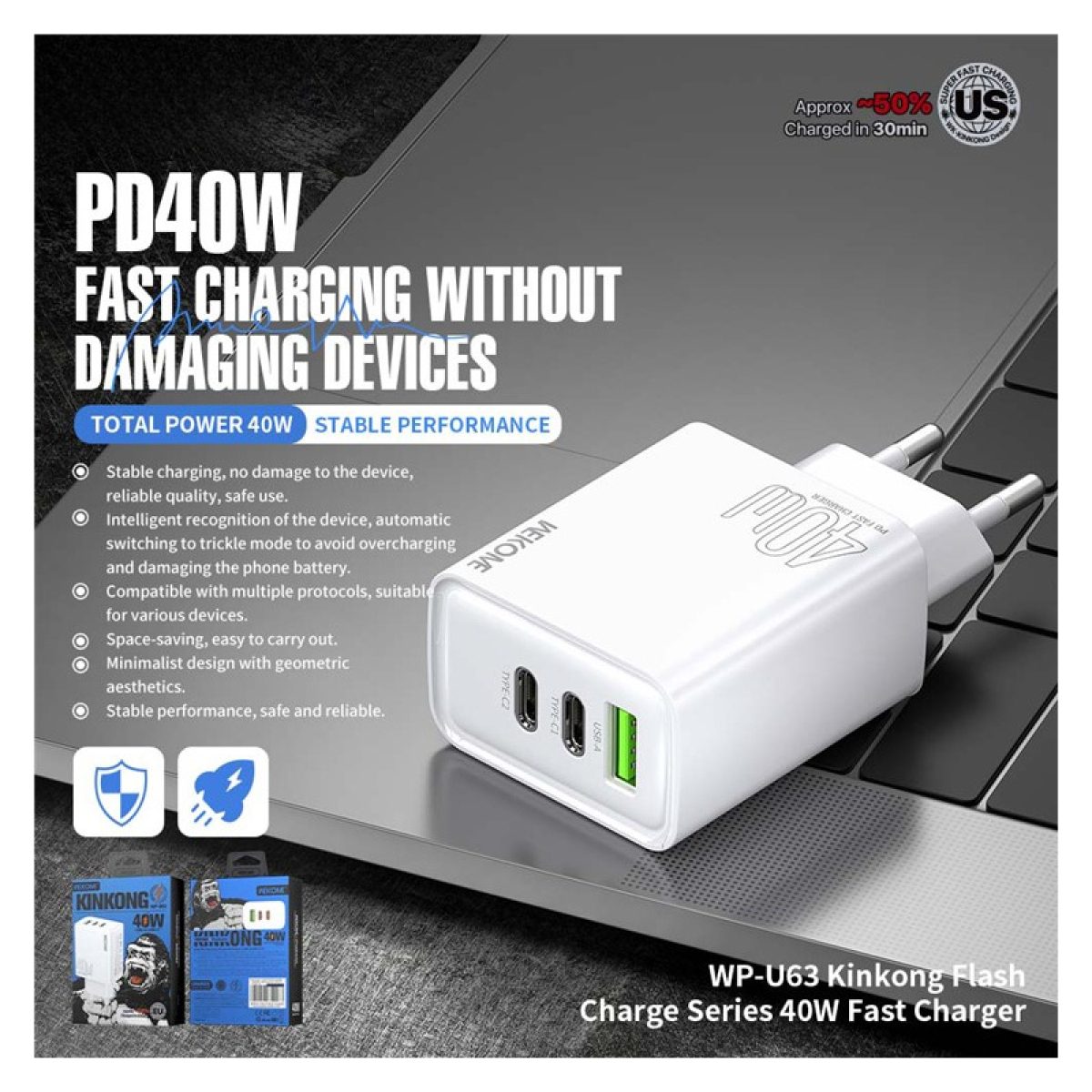 Αντάπτορας Φόρτισης με 2 Θύρες Type-C και 1 USB 40W Wekome WP-U63 Λευκό - Image 2