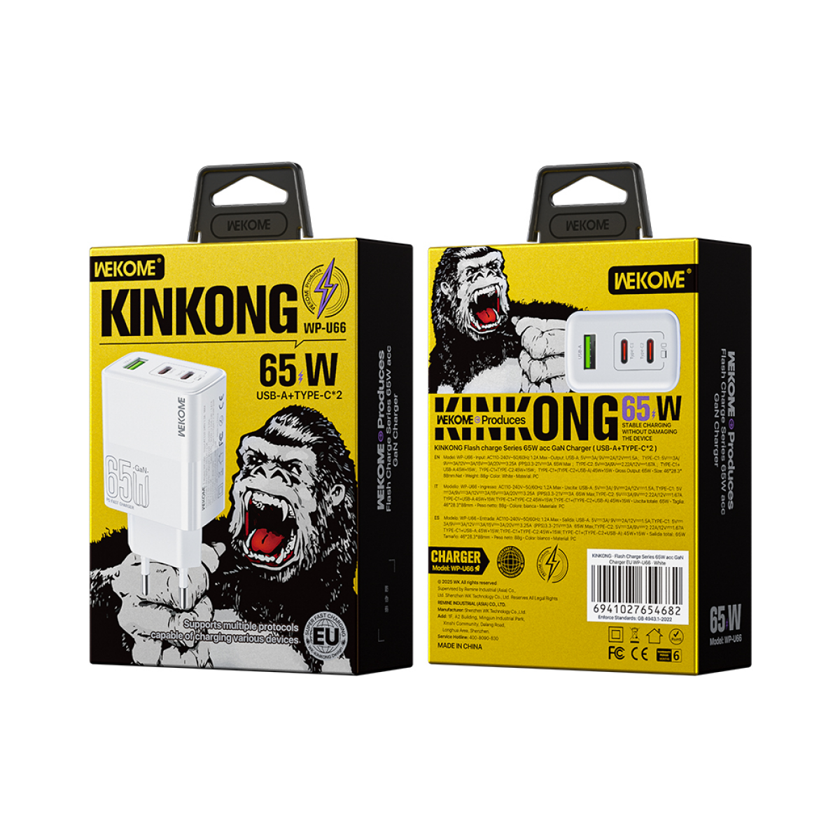 Αντάπτορας Φόρτισης με 2 Θύρες Type-C και 1 USB 65W Wekome WP-U66 Λευκό - Image 2