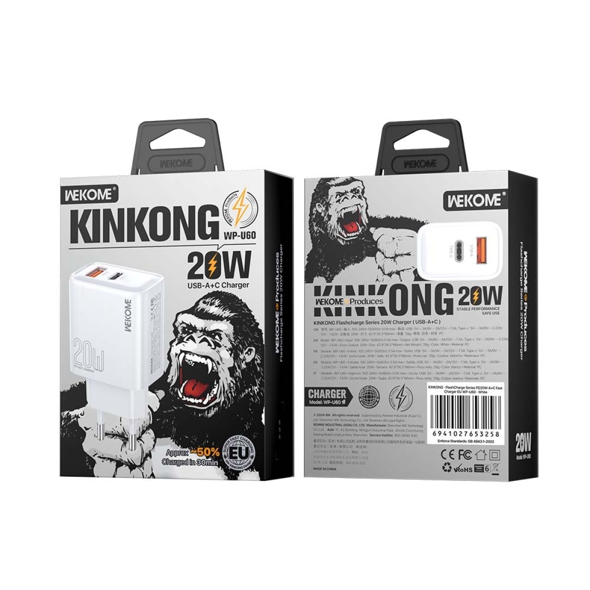 Αντάπτορας Φόρτισης με 2 Θύρες Type-C και USB 20W Wekome WP-U60 Λευκό - Image 2