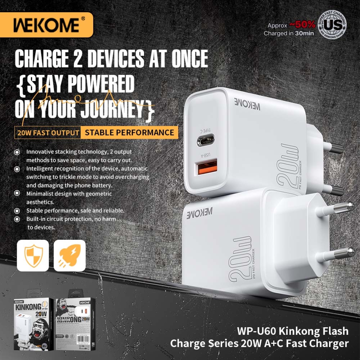 Αντάπτορας Φόρτισης με 2 Θύρες Type-C και USB 20W Wekome WP-U60 Λευκό - Image 3