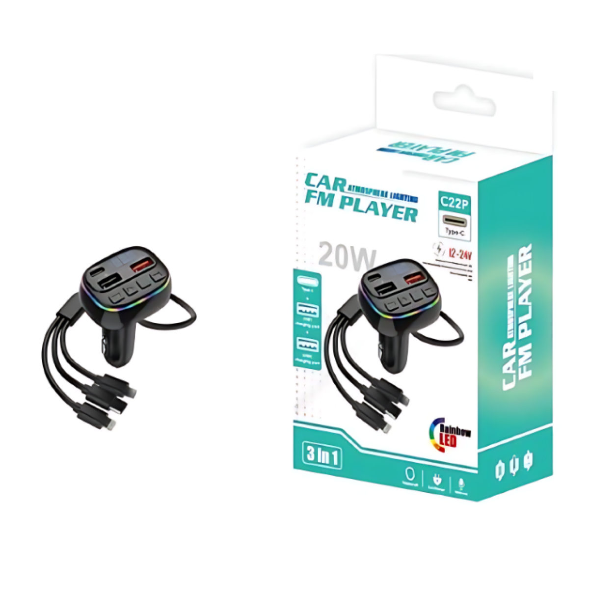 FM Transmitter και Φορτιστής Αυτοκινήτου 20W με Καλώδια Type-C/Micro/Lightning C22P - Μαύρο - Image 2