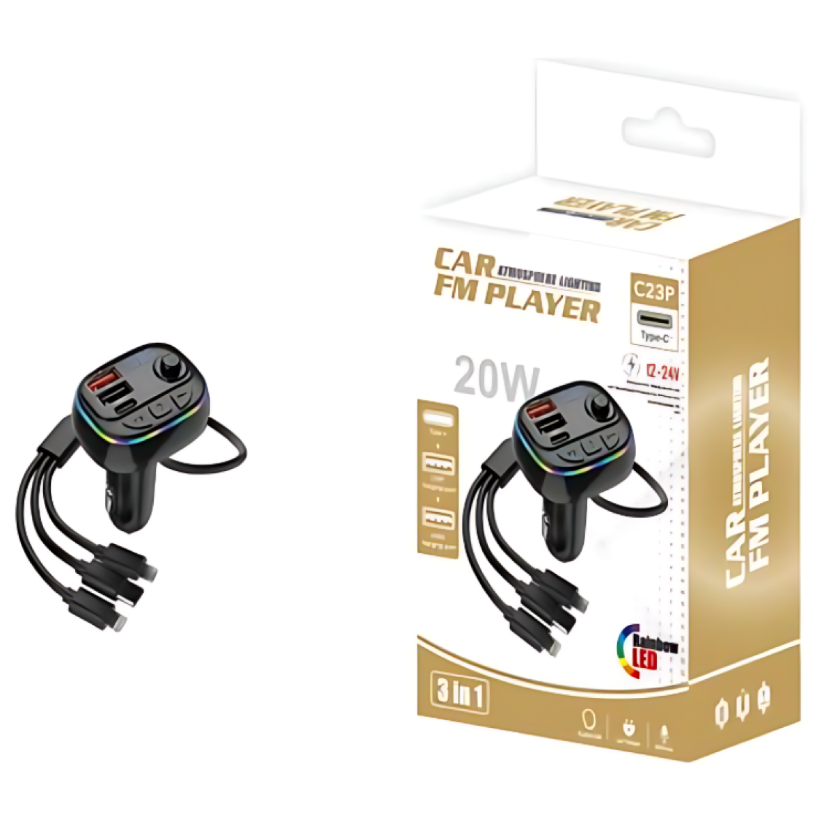 FM Transmitter και Φορτιστής Αυτοκινήτου με Καλώδια Type-C/Micro/Lightning C23P - Μαύρο - Image 2