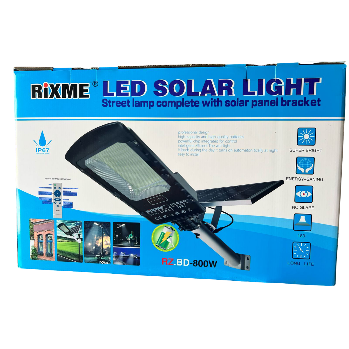 Ηλιακό Φωτιστικό Δρόμου LED Rixme με Ηλιακό Πάνελ & Τηλεχειριστήριο IP67 Rixme RZ.BD-800W
