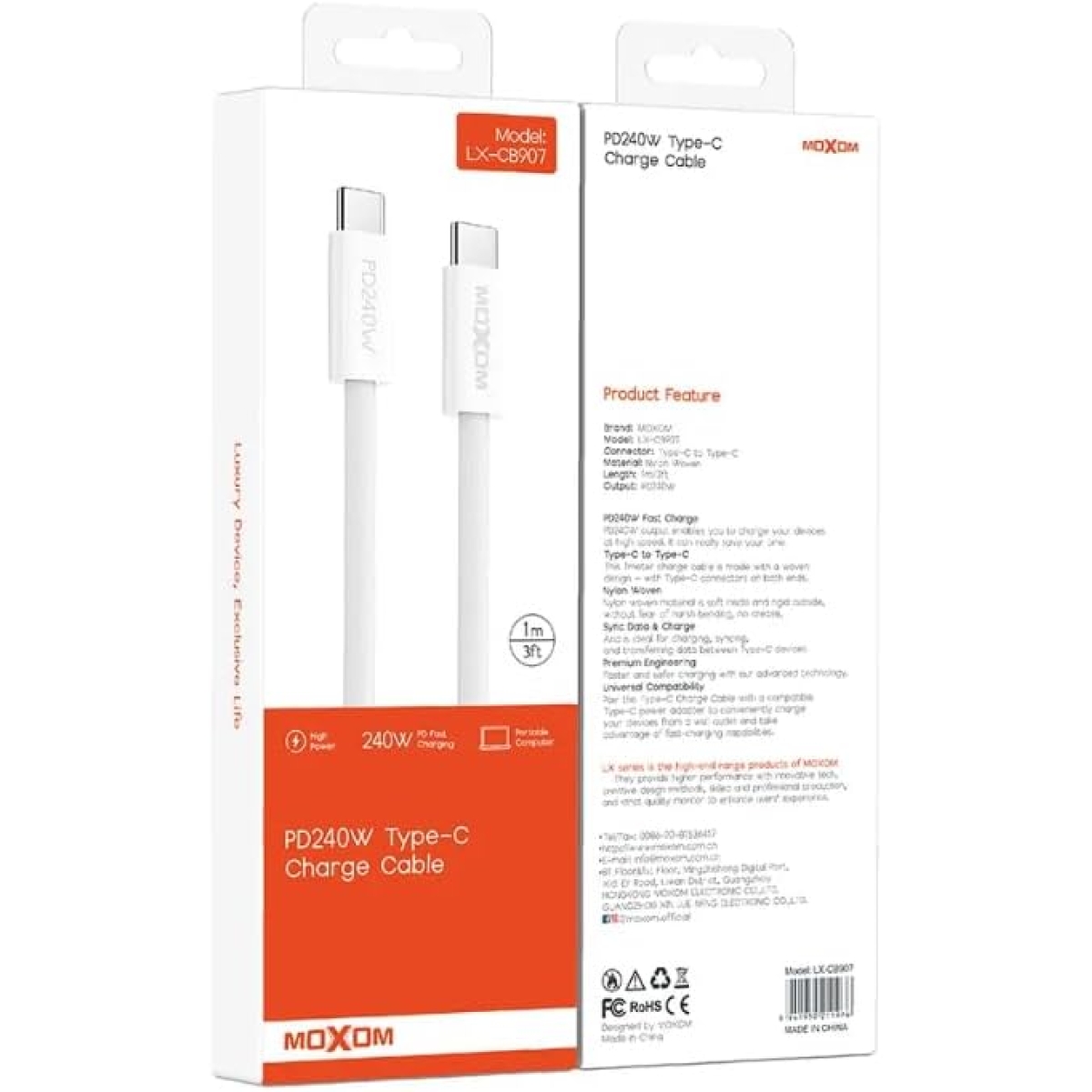 Καλώδιο Φόρτισης & Δεδομένων PD USB Type-C Σε Type-C 240W Moxom LX-CB908 - Image 6