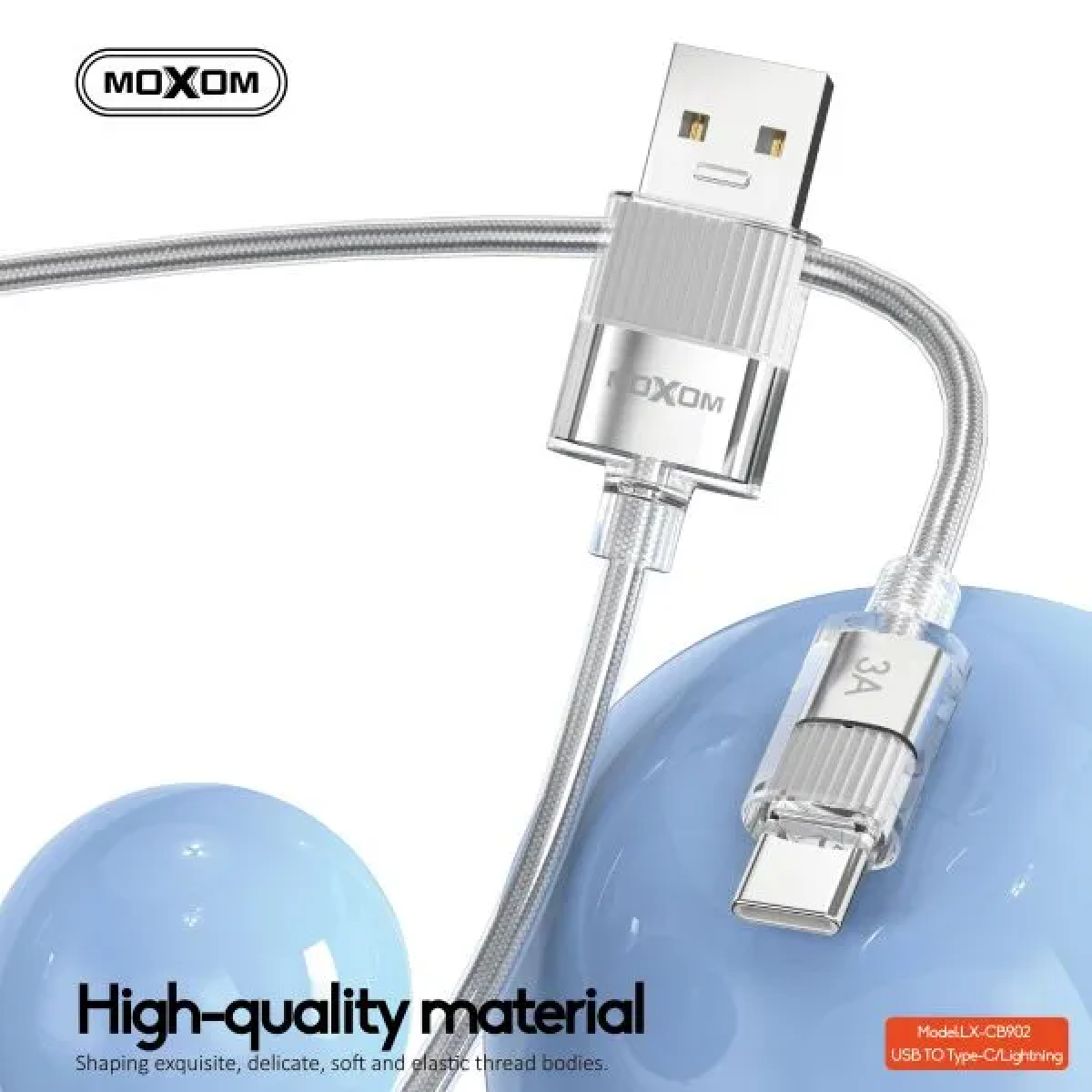 Καλώδιο Φόρτισης Και Δεδομένων USB σε Type-C 3A Διαφανές 1.2m Moxom LX-CB902 - Image 2