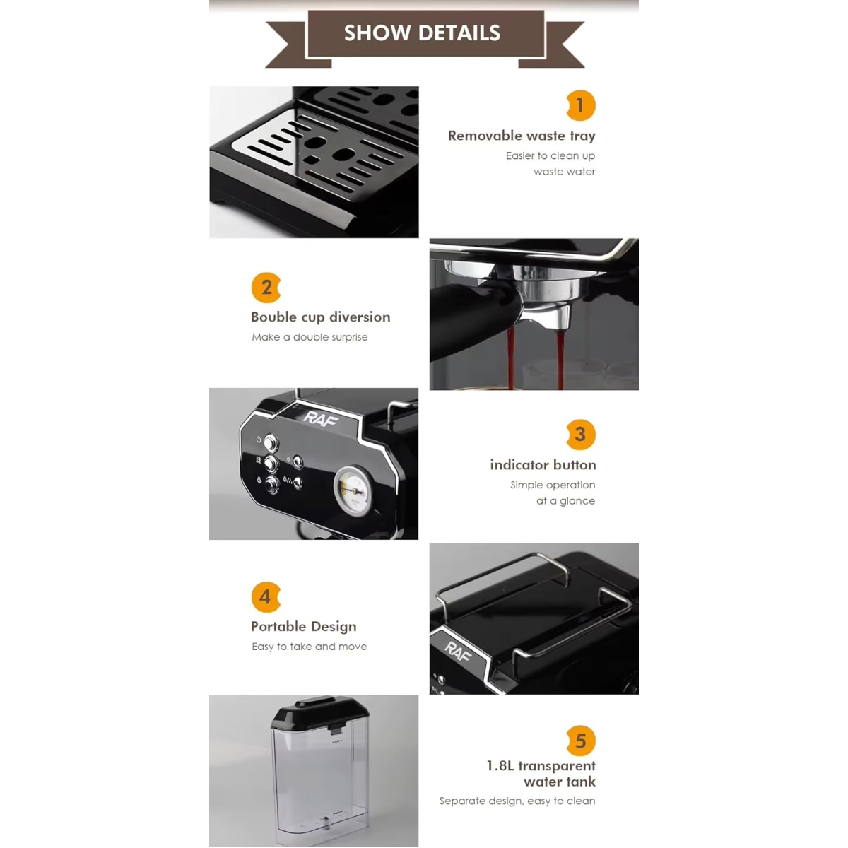 Μηχανή Καφέ Espresso & Cappuccino 20Bar 2lt 850W RAF R.104B Μαύρο - Image 3