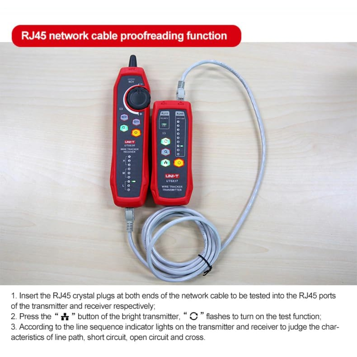 Σετ Tester & Tracker Καλωδίων Δικτύου RJ45 / RJ11 / Τηλεφωνικές Γραμμές UNI-T UT683KIT Κόκκινο - Image 3