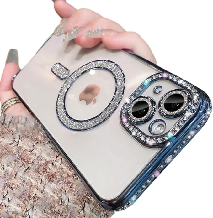 Θήκη Σιλικόνης Glitter Με Strass Magsafe Με Προστασία Κάμερας Για Iphone 15 Pro - Μπλε
