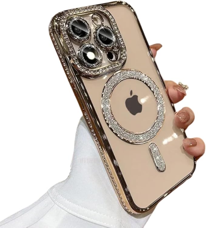 Θήκη Σιλικόνης Glitter Με Strass Magsafe Με Προστασία Κάμερας Για Iphone 15 Pro - Χρυσο