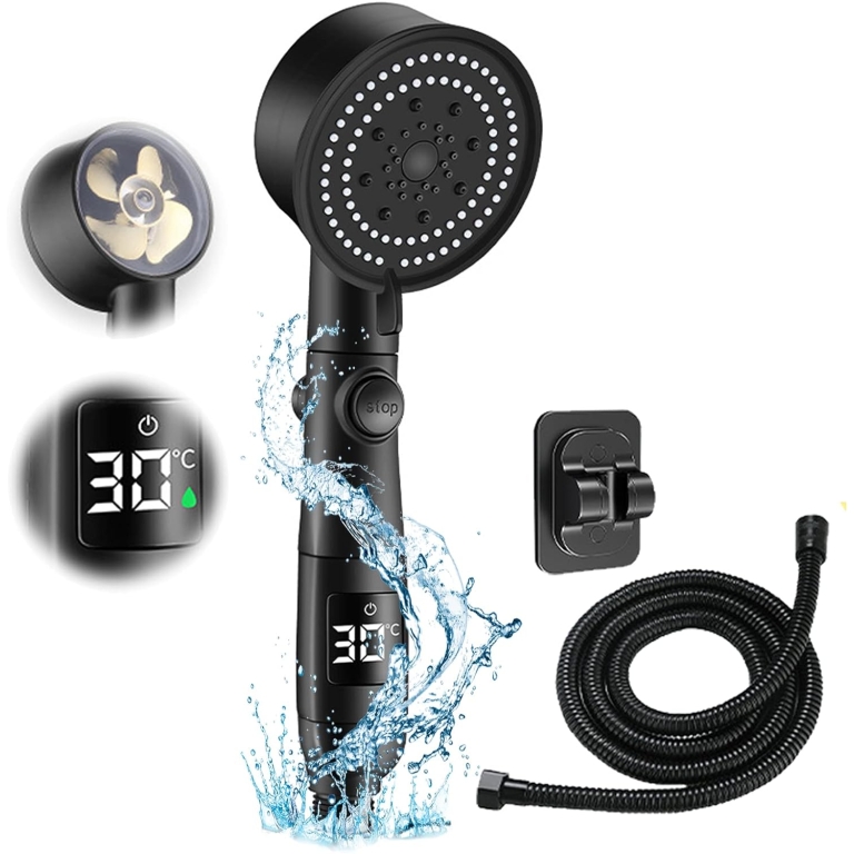 Τηλέφωνο Ντουζ με Ψηφιακή Ένδειξη Θερμοκρασίας, 5 Λειτουργίες, Βάση & Σπιράλ