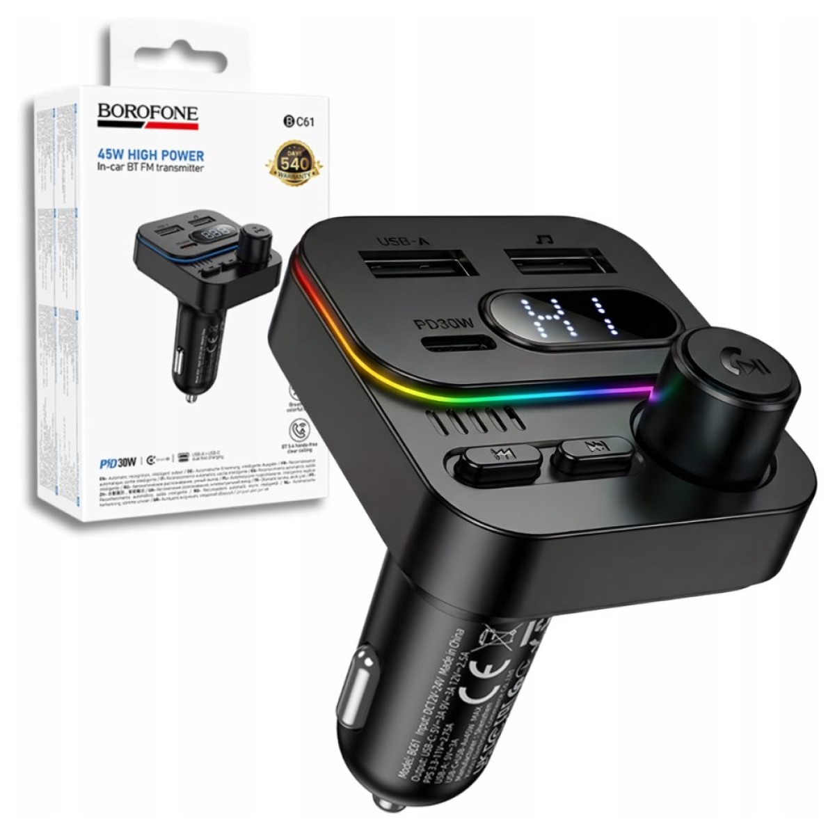 Borofone BC61 FM Transmitter Αυτοκινήτου με Bluetooth, USB & Type-C – Ταχεία Φόρτιση PD 45W