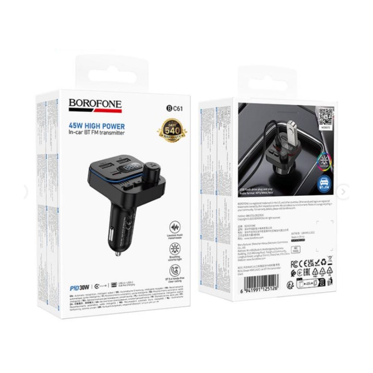 Borofone BC61 FM Transmitter Αυτοκινήτου με Bluetooth, USB & Type-C – Ταχεία Φόρτιση PD 45W