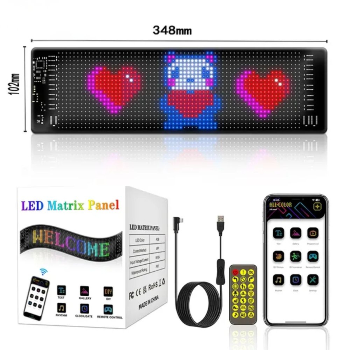 Εύκαμπτη LED πινακίδα RGB αυτοκινήτου Bluetooth με κινούμενες εικόνες και κείμενο μέσω εφαρμογής 102x348mm