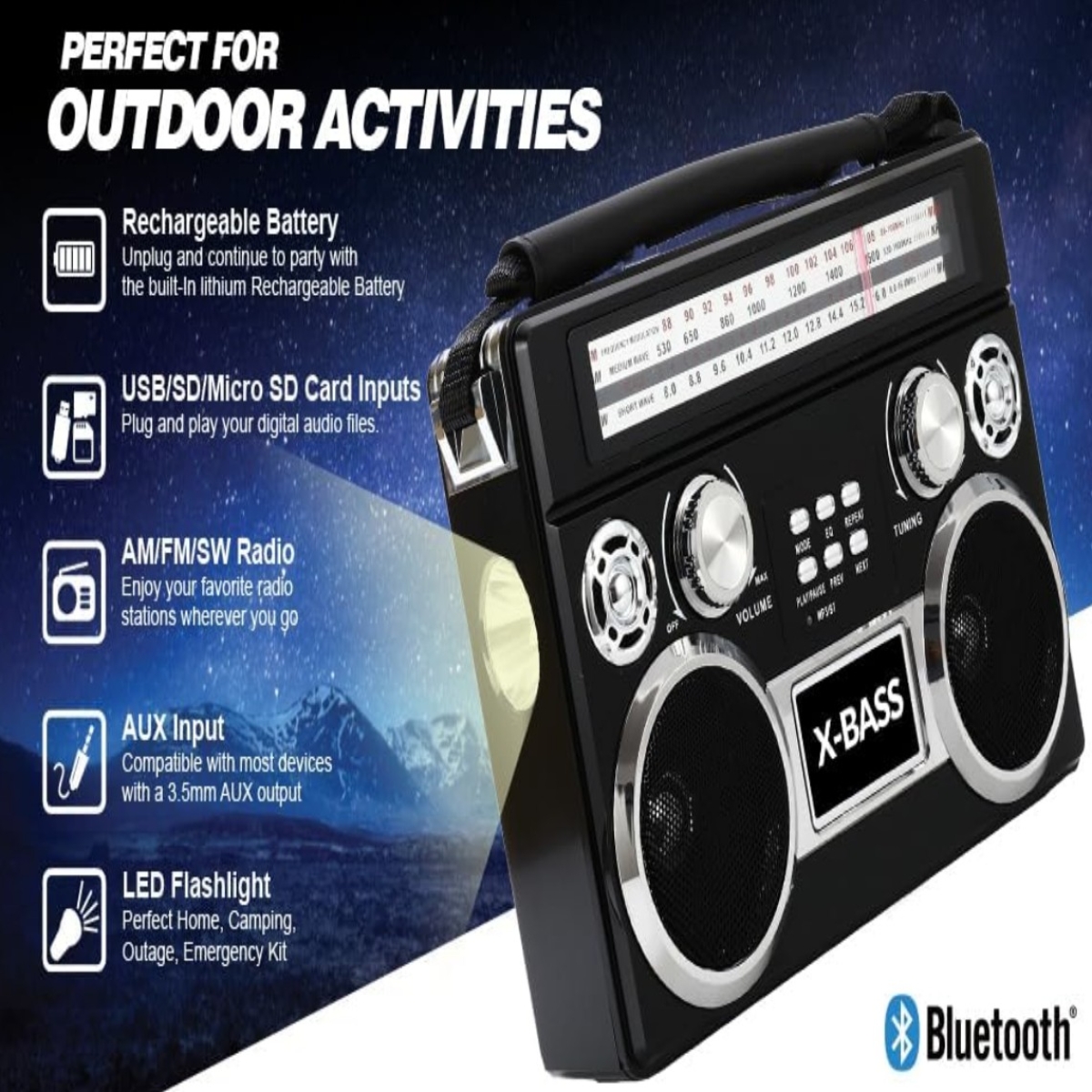 Φορητό Ραδιόφωνο AM/FM/SW Με Bluetooth Και Φακό Waxiba XB-371C - Image 2
