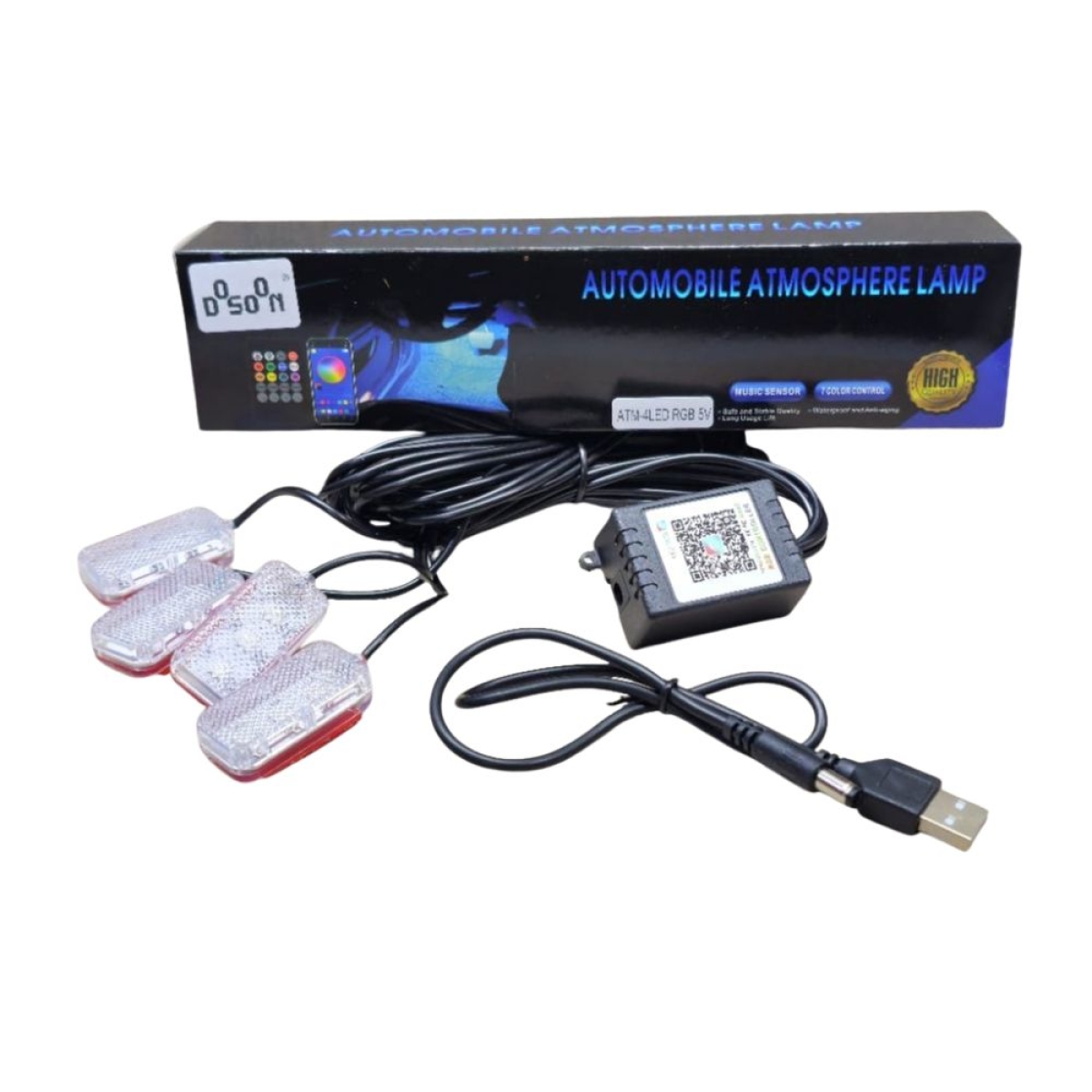 Φώτα Led Εσωτερικού Χώρου Αυτοκινήτου RGB LED με USB - Σετ 4 τμχ Φωτορυθμικό, SDS-28646