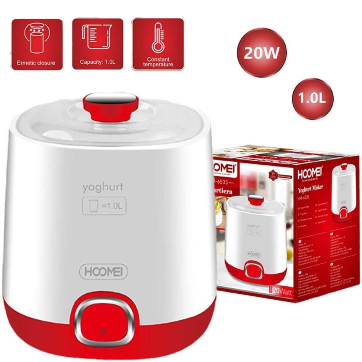 Γιαουρτομηχανή με Κάδο 1lt 20W Hoomei HM-6535 Λευκό/Κόκκινο