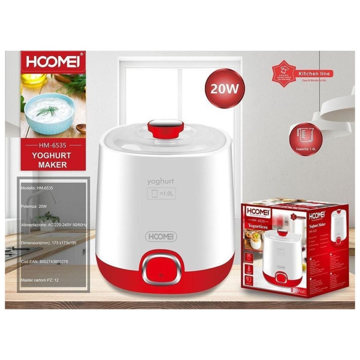 Γιαουρτομηχανή με Κάδο 1lt 20W Hoomei HM-6535 Λευκό/Κόκκινο