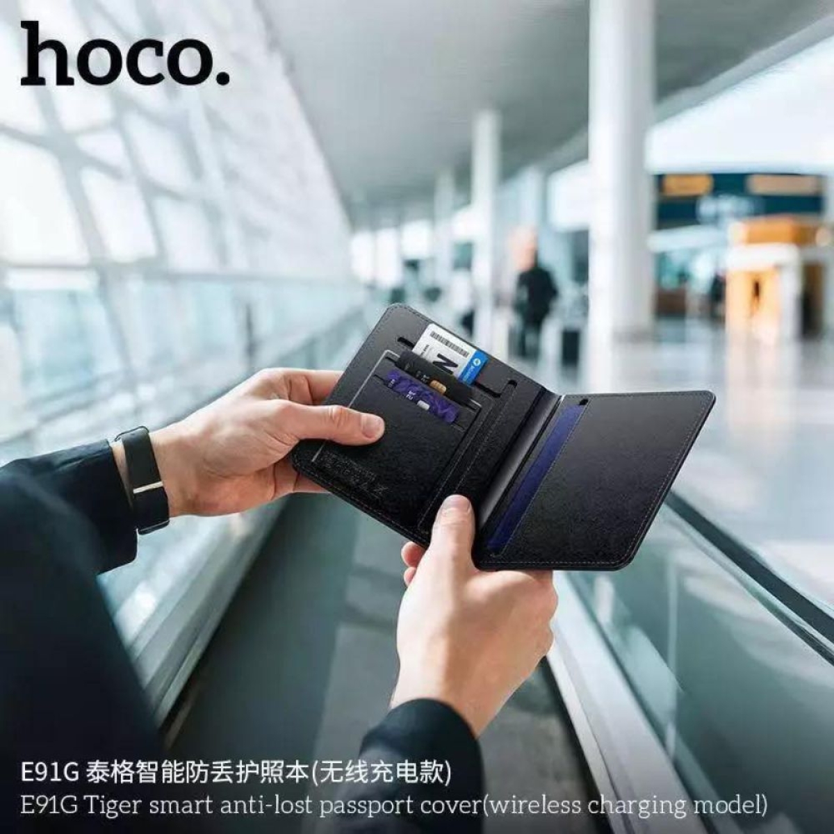 HOCO E91G Smart Θήκη Διαβατηρίου Επαναφορτιζόμενη Anti-Lost με Συμβατότητα Apple Find My – Μαύρη