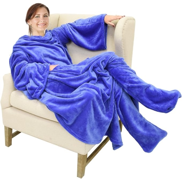 Huggle Ολόσωμη Κουβέρτα Βελουτέ Fleece με Μανίκια και Κάλυψη Ποδιών - Μπλε