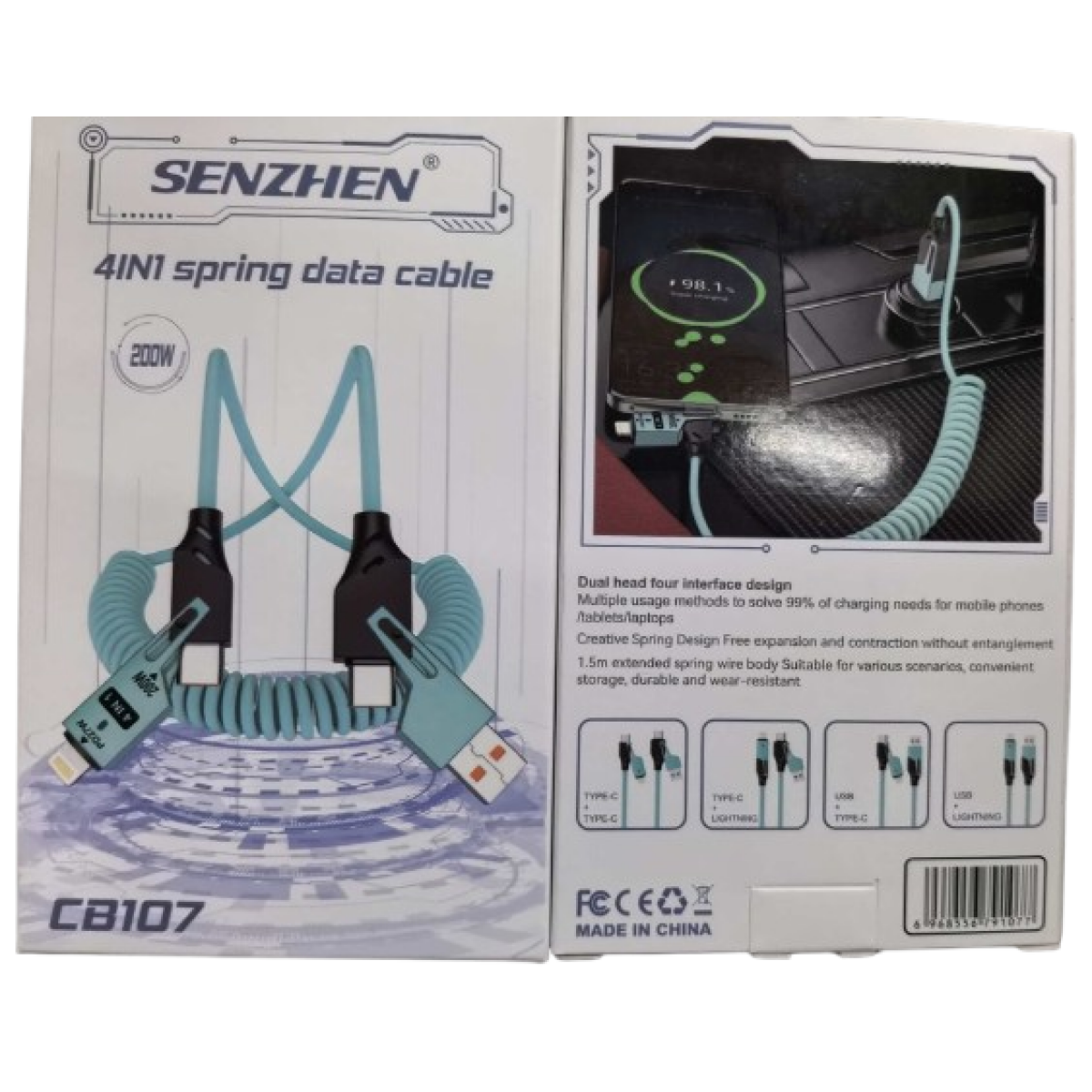 Καλώδιο Φόρτισης & Δεδομένων 4 Σε 1 200W Σπιράλ Senzhen CB107 - Image 5