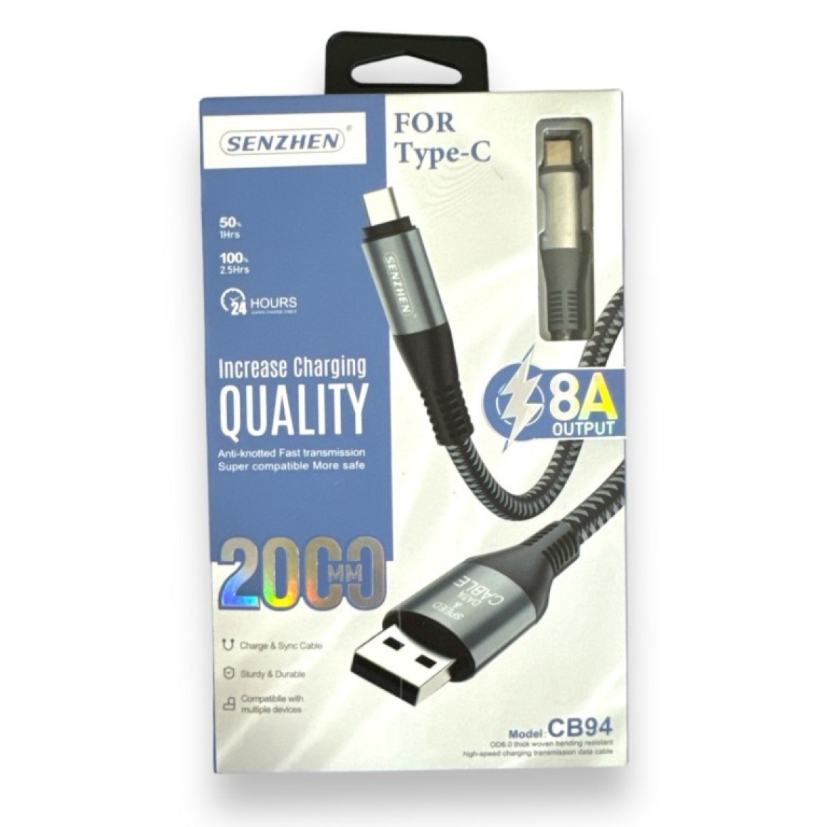 Καλώδιο Φόρτισης & Μεταφοράς Δεδομένων USB Σε Type-C 8A 2m Senzhen CB94