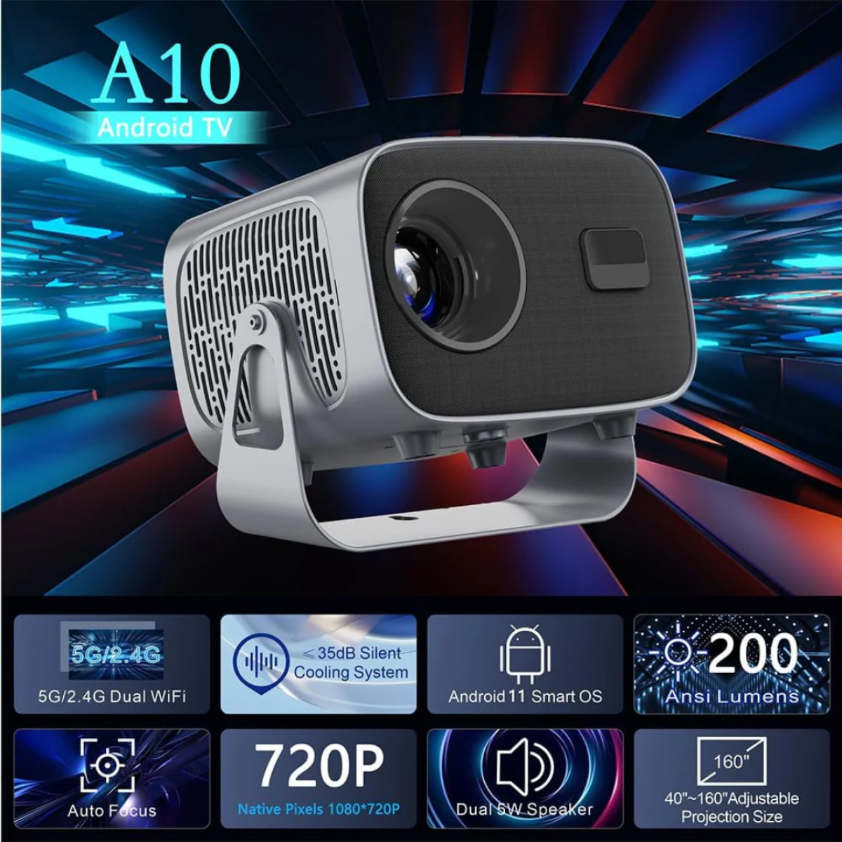 Μίνι Έξυπνος Προβολέας Android 11, Υποστήριξη 4K, Περιστροφή 360° & WiFi 5G - A10 - Image 5