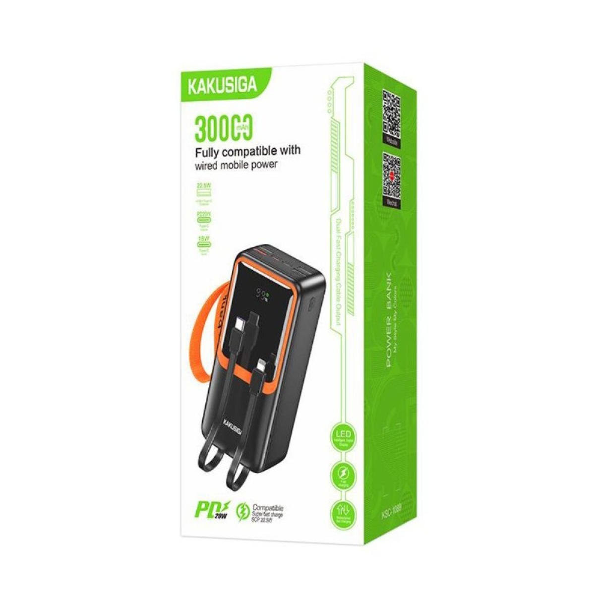 Power Bank KAKUSIGA KSC-1089 30.000mAh με Ενσωματωμένα Καλώδια, Οθόνη & Γρήγορη Φόρτιση