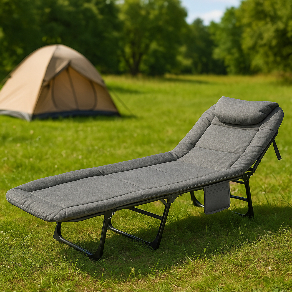 Πτυσσόμενο Ράντζο Camping Μονό 200×65cm Χωρίς Στρώμα Με Ρυθμιζόμενη Πλάτη Γκρι - Image 3