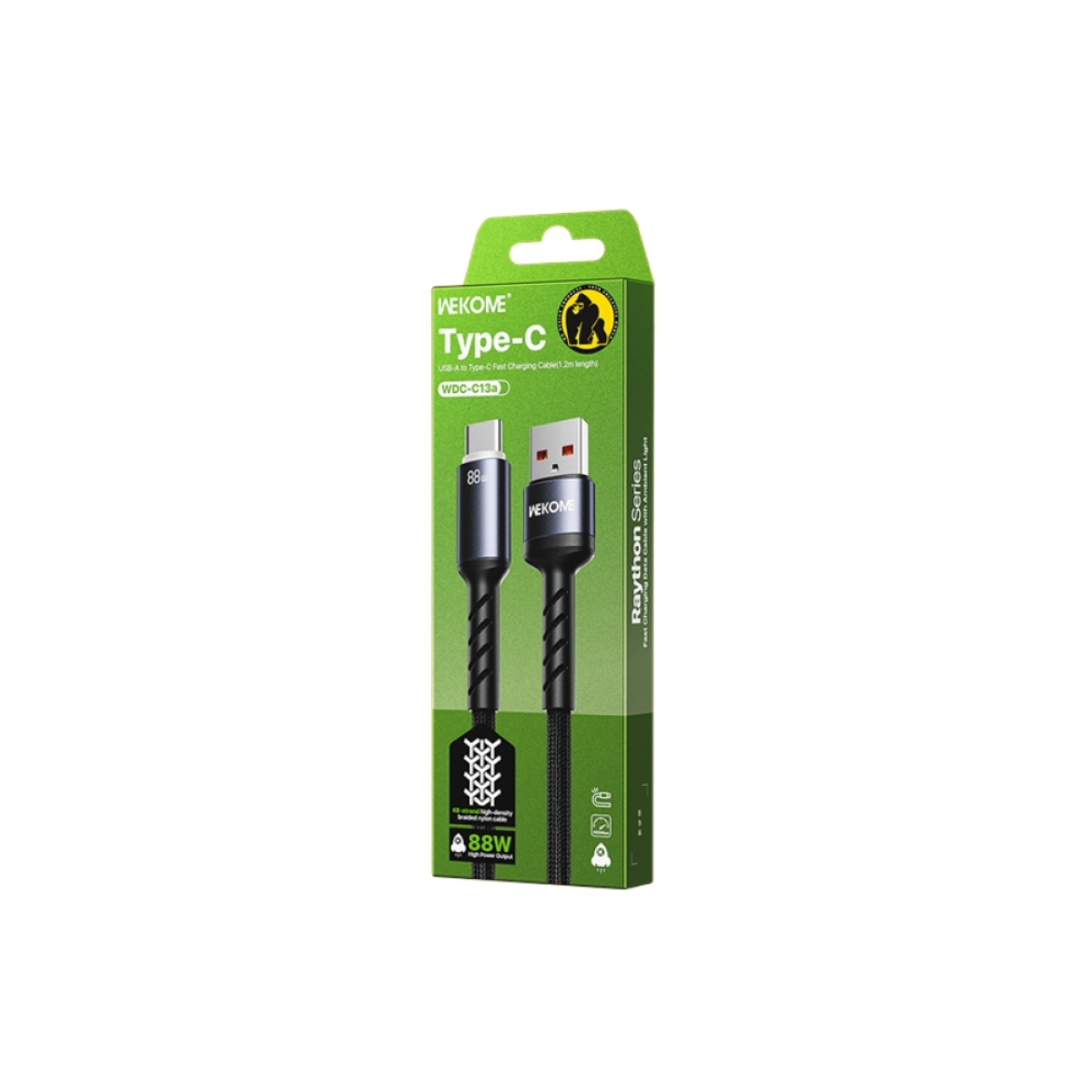 Καλώδιο Φόρτισης με LED WK WDC-C13a USB σε USB-C PD 88W 1.2m Μαύρο - Image 3