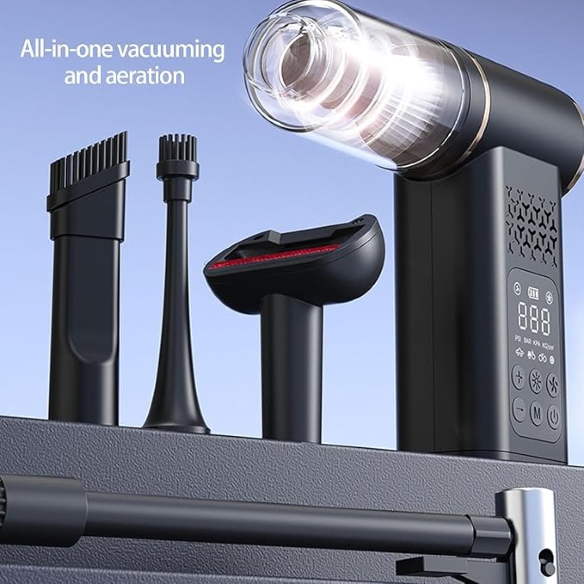 Ασύρματη Φορητή Αντλία Αέρα & Ηλεκτρική Σκούπα Αυτοκινήτου 5 Σε 1 Με Ψηφιακό Μανόμετρο Και LED HB-805 - Image 3