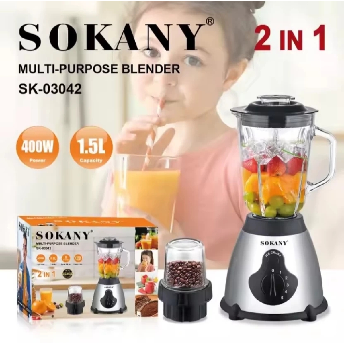 Μπλέντερ 2 Σε 1 Με Μύλο 400W Sokany SK-03042 - Image 2