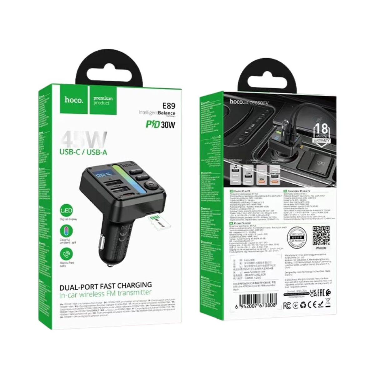 Bluetooth FM Transmitter HOCO E89 45W με USB-A & USB-C PD 30W, Bluetooth 5.4 - Μαύρο