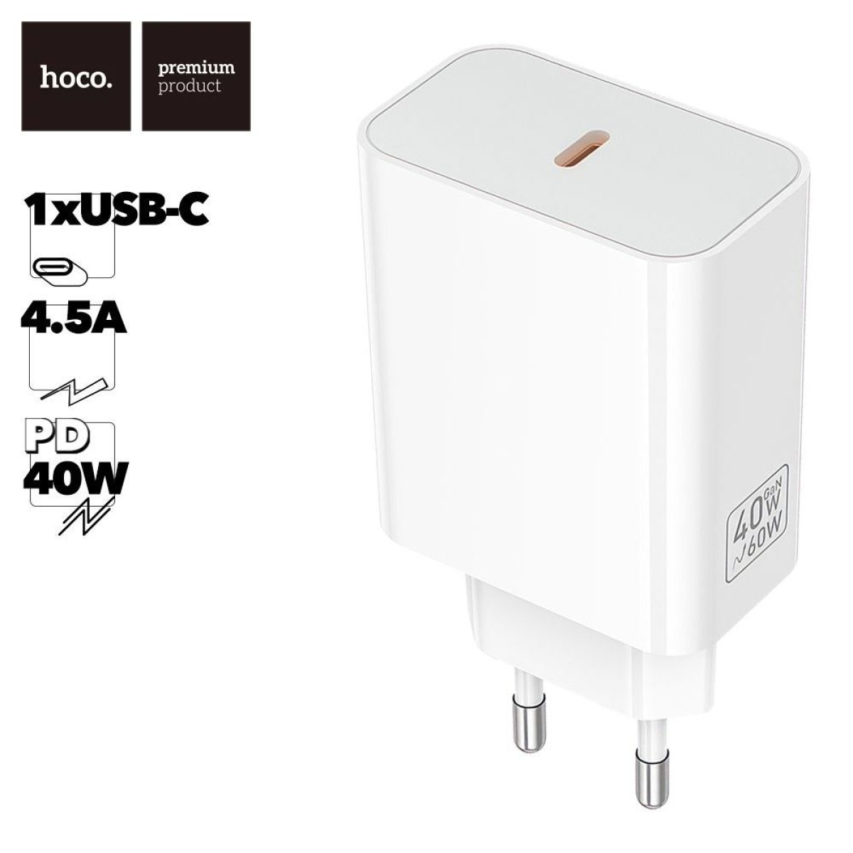 HOCO C162A Φορτιστής Τοίχου USB-C 40W PD με Γρήγορη Φόρτιση & Καλώδιο Type-C – Λευκό