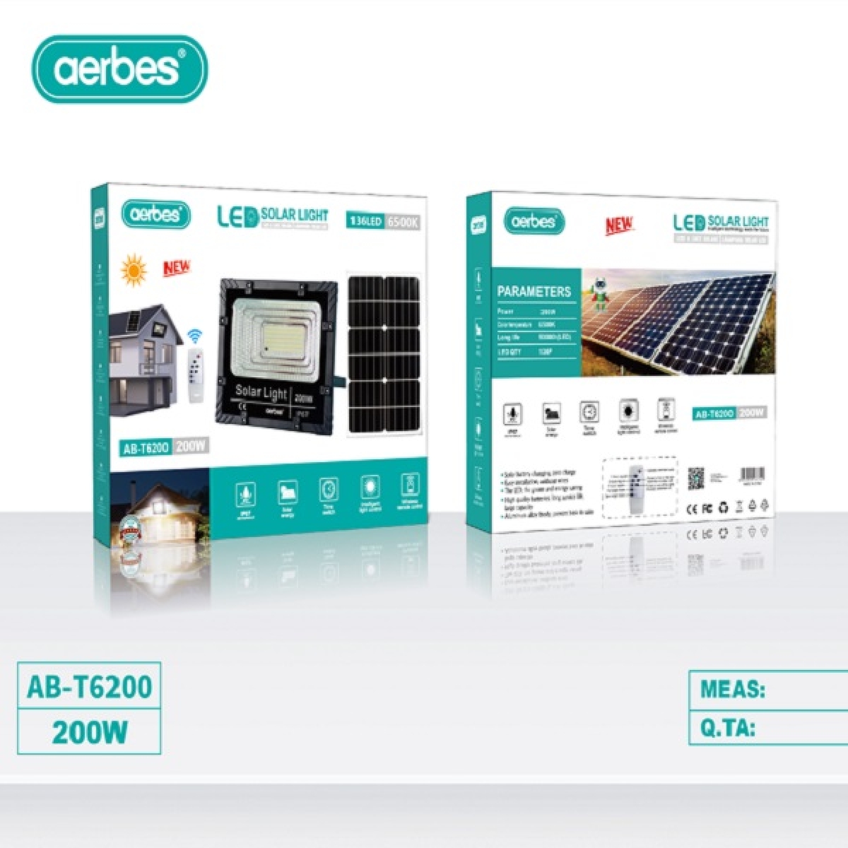 Ηλιακός Προβολέας LED 200W 136LED 6500K Με Τηλεχειριστήριο AB-T6200 Aerbes - Image 5