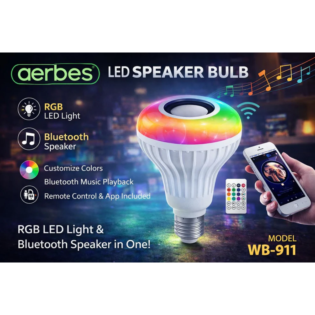 Λάμπα Μουσικής LED RGB 12W Με Ηχείο Bluetooth Και Τηλεχειριστήριο Aerbes AB-QP01 - Image 7