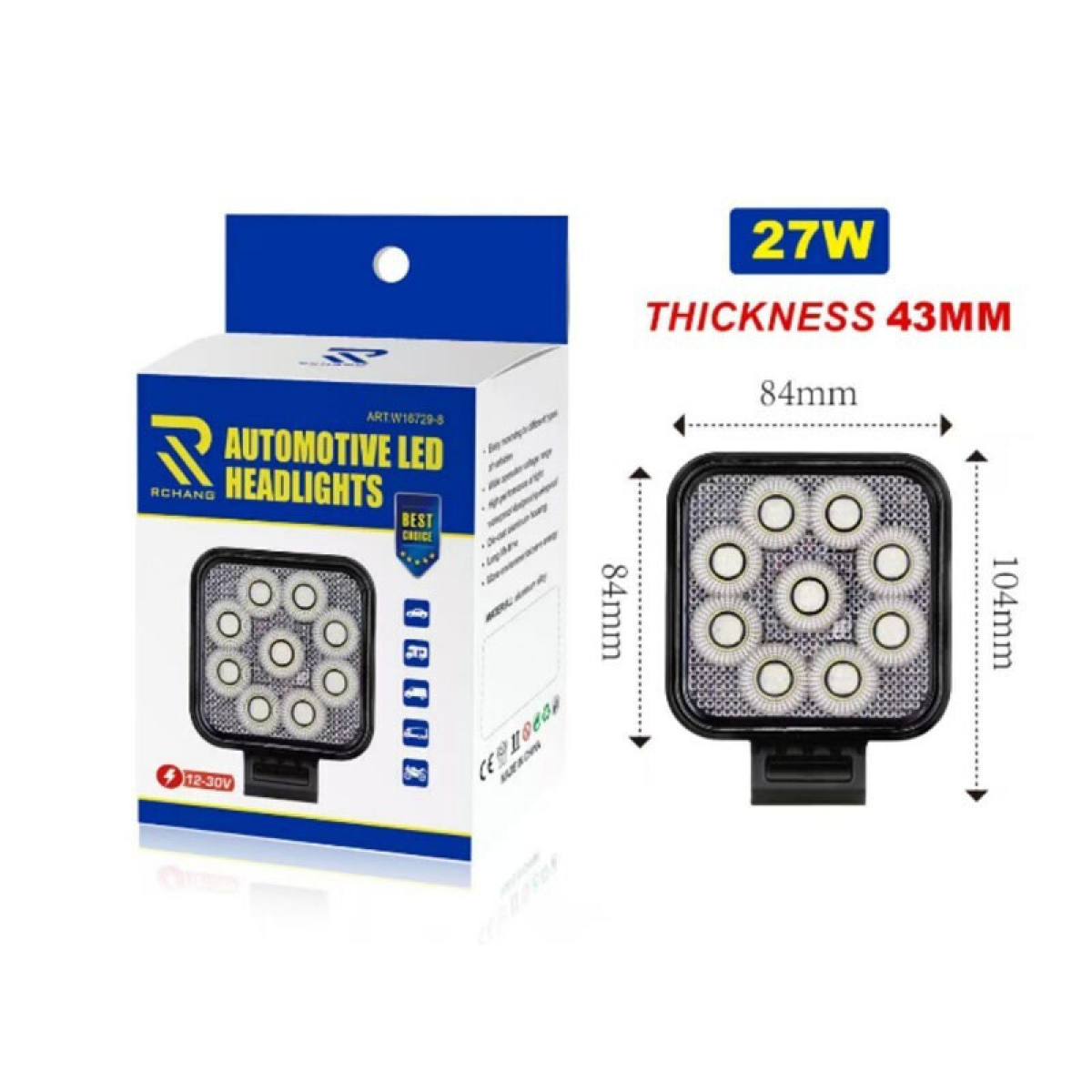 LED Προβολέας Αυτοκινήτου 27W 12-30V 9LED Με Βάση Στήριξης Rchang W16729-8