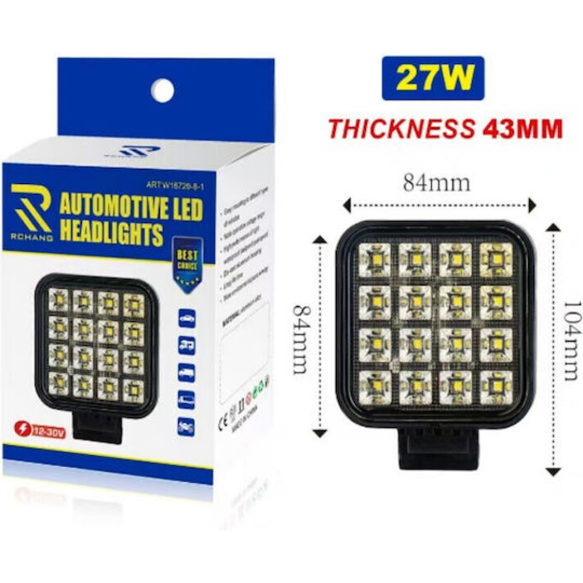 LED Προβολέας Αυτοκινήτου 27W 12-30V Με Βάση Στήριξης Rchang W16729-8-1