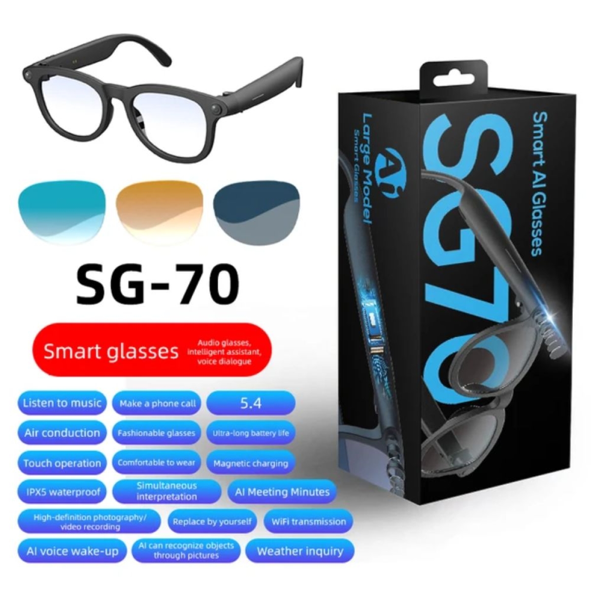 SG-70 AI Smart Γυαλιά Bluetooth 5.4 με Ηχεία, Hands-Free Κλήσεις & Μεταφραστή