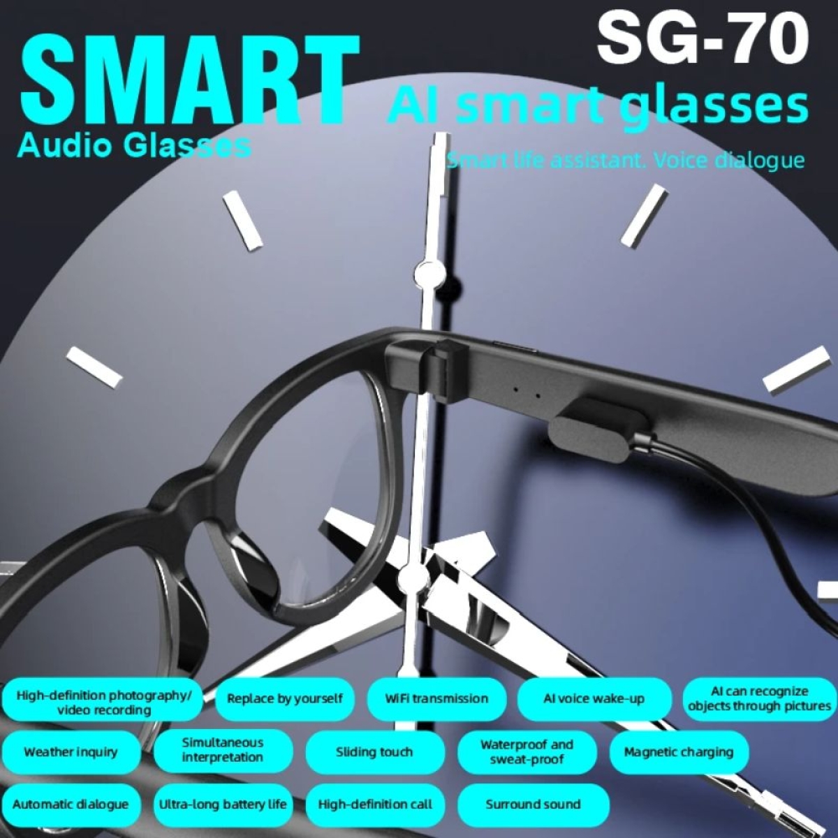 SG-70 AI Smart Γυαλιά Bluetooth 5.4 με Ηχεία, Hands-Free Κλήσεις & Μεταφραστή