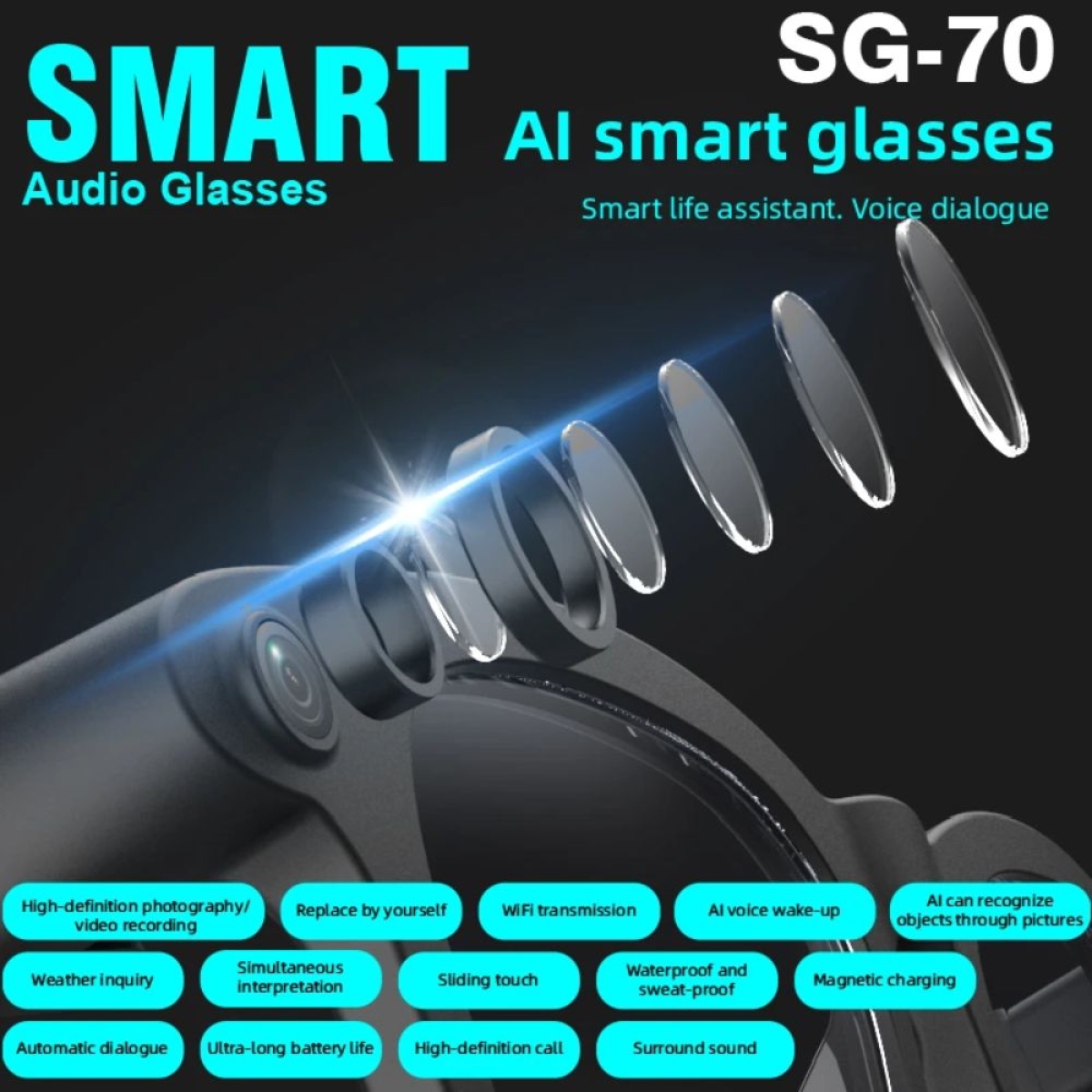SG-70 AI Smart Γυαλιά Bluetooth 5.4 με Ηχεία, Hands-Free Κλήσεις & Μεταφραστή