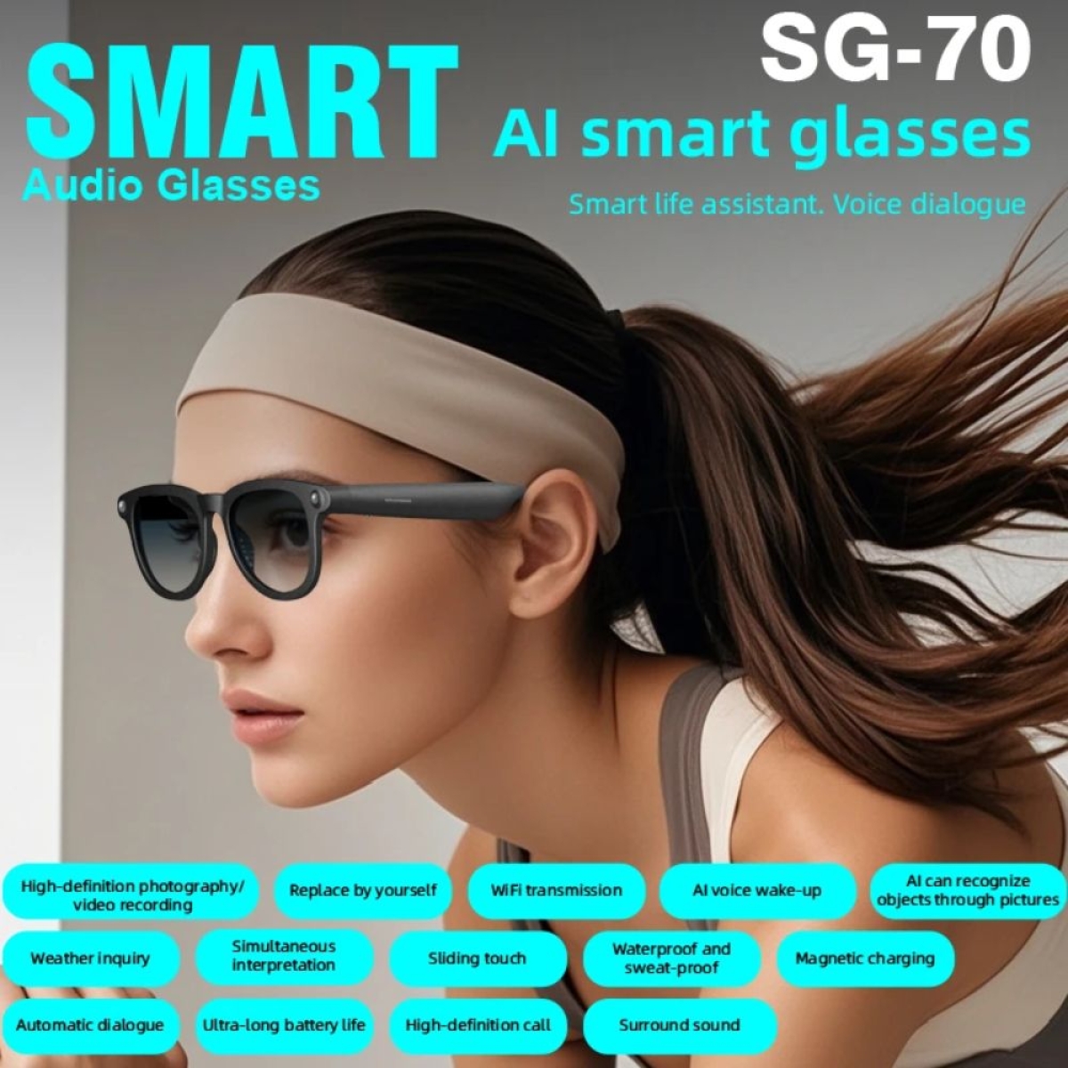 SG-70 AI Smart Γυαλιά Bluetooth 5.4 με Ηχεία, Hands-Free Κλήσεις & Μεταφραστή