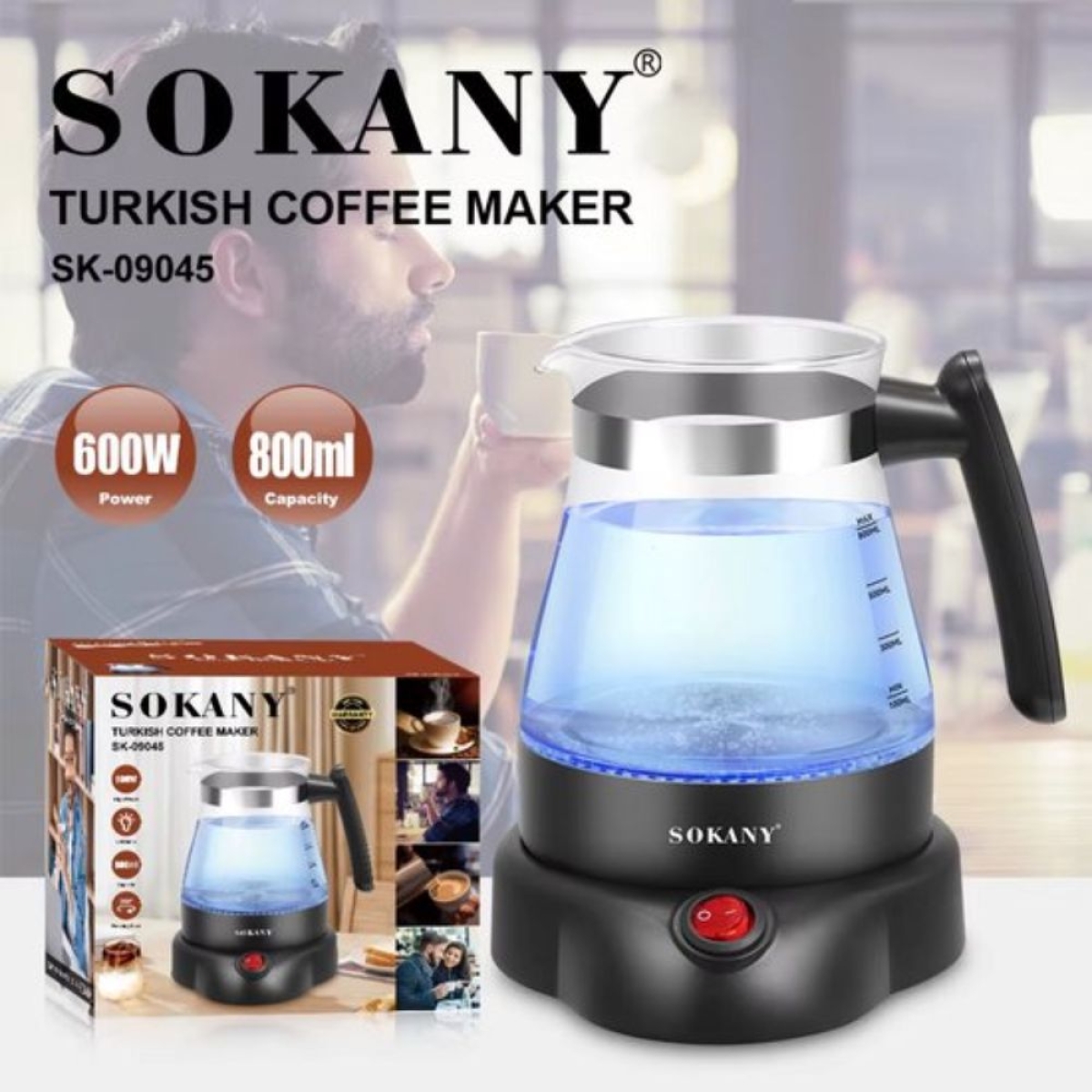Sokany SK-09045 Ηλεκτρικό Μπρίκι 600W με Χωρητικότητα 800ml Inox