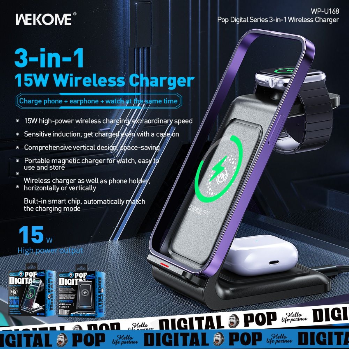 Wekome WP-U168 Ασύρματος Φορτιστής 3 σε 1 για iPhone, AirPods και Apple Watch (Qi Pad) 15W Μαύρος