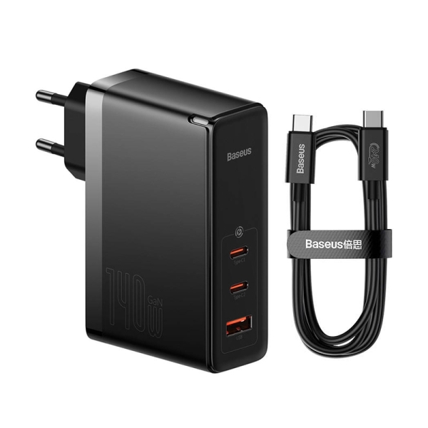 Baseus Φορτιστής GaN με Θύρα USB-A και 2 Θύρες USB-C 140W Power Delivery με Καλώδιο Type C Μαύρος (Gan5) CCGP100201