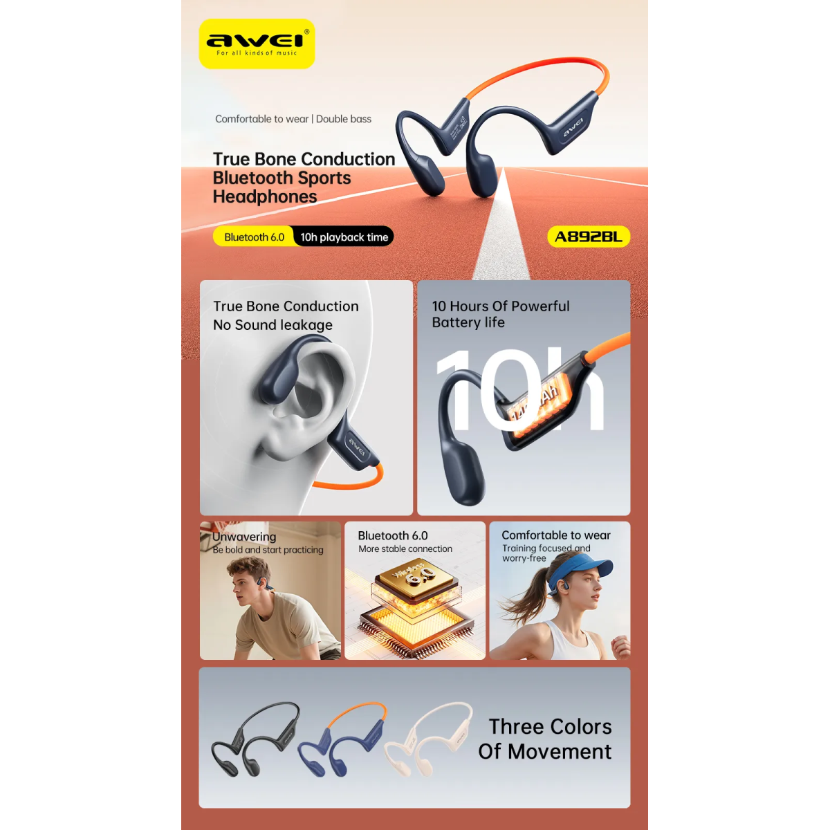 Ασύρματα Ακουστικά Air Conduction Bluetooth Sport Μαύρα Awei A892BL - Image 2
